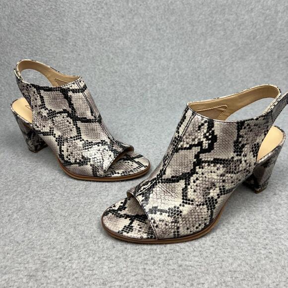 Clarks Womens Leather Block Heels 10 Peep Toe Snake Sandals Heels Kaylin Sling - Picture 1 of 11